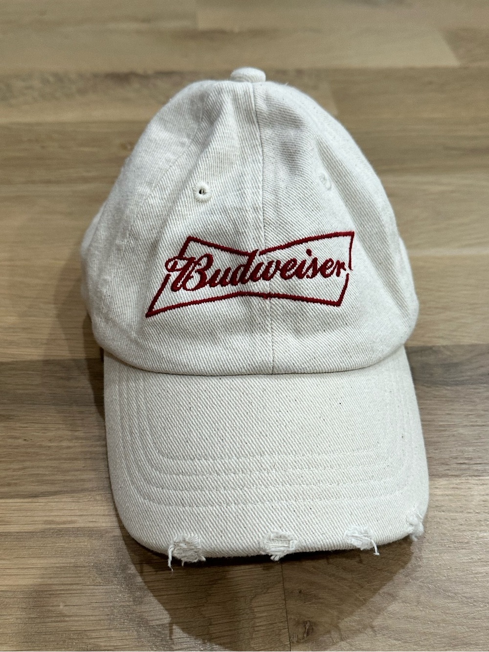 American Eagle Budweiser Embroidered Off-White Distressed Baseball Cap